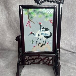 VTG Chinese Silk Embroidery Panel Intricate Wooden Stand 14” Tall Swivel Base